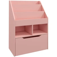 HOMCOM Estante de Madeira para Brinquedos com 3 Compartimentos 2 Prateleiras e Gaveta Móvel com 4 Rodas 60x29,9x90 cm Rosa(m-1)
