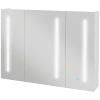 kleankin Armário Casa de Banho com Espelho e Luz LED com 3 Portas Prateleiras Ajustáveis e Interruptor Tátil 90x15x70 cm Branco Brilhante(m-1)