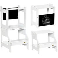HOMCOM Torre de Aprendizagem para Crianças 3-6 Anos de Madeira Torre de Aprendizagem Infantil Convertível em Secretária com Ardósia e Barra de Segurança para Casa de Banho Cozinha 42x44x86cm Branco(m-1)