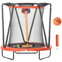ZONEKIZ Trampolim Infantil Ø140x155 cm Trampolim para Crianças de 3-10 Anos com Cesta de Basquetebol e 20 Bolas de Plástico Vermelho(m-1)
