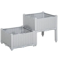 Outsunny Conjunto de 2 Floreiras Quadradas Floreiras para Flores e Vegetais com Orifícios de Drenagem e Pés Altos 40x40x26-44 cm Cinza(m-1)