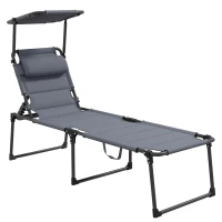 Outsunny Espreguiçadeira Dobrável Espreguiçadeira de Jardim com Toldo Ajustável para Jardim Terraço Piscina 70x200x45 cm Cinza(m-1)