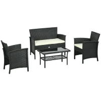 Outsunny Conjunto de Jardim de Vime Sintético de 4 Peças com 2 Poltronas 1 Sofá Duplo 1 Mesa de Centro e Almofadas Preto e Creme(m-1)