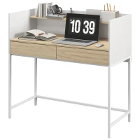HOMCOM Secretária Moderna Mesa de Escritório com 2 Gavetas e Prateleira Mesa de Estudo 106x51,5x102,5 cm Branco e Carvalho(m-11)