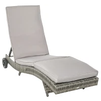 Outsunny Espreguiçadeira de Vime Reclinável Espreguiçadeira de Jardim com 2 Rodas Encosto Ajustável em 5 Posições 207x70x70 cm Cinza(m-1)