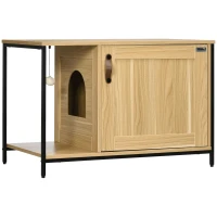 PawHut Caixa de Areia para Gatos Móvel com Caixa de Areia para Gatos com Porta Bola de Brinquedo  80x48x55 cm Carvalho(m-1)