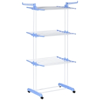HOMCOM Estendal Dobrável para Roupa com Rodas Estendal Vertical de Aço com 3 Níveis Laterais Dobráveis 73x64x177cm Azul e Branco