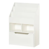 HOMCOM Estante de Madeira para Brinquedos com 3 Compartimentos 2 Cubos e Gaveta Móvel com 4 Rodas Estante para Livros Infantil para Dormitório Infantil Sala de Jogos 60x29,9x90cm Branco(m-11)