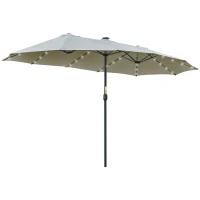 Outsunny Chapéu de Sol Duplo de Jardim com 48 Luzes LED Solar 450x265x240cm com Manivela Proteção Solar para Terraço Cinza Claro(m-1)