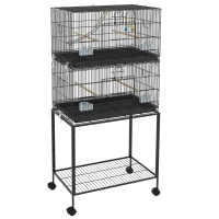 PawHut Gaiola Dupla e Empilhável para Pássaros 77x46x164 cm com Rodas Poleiros Bandeja Amovível Comedouros Baloiço e Escada Preto