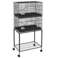 PawHut Gaiola Dupla e Empilhável para Pássaros 77x46x164 cm com Rodas Poleiros Bandeja Amovível Comedouros Baloiço e Escada Preto(m-1)