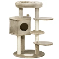 PawHut Árvore Arranhador para Gatos com Cama Caverna 3 Escadas Bolas Suspensas e Postes de Sisal 55x55x94cm Marrom e Creme(m-1)