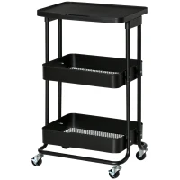 HOMCOM Carrinho de Cozinha com Rodas Carrinho de Armazenamento de 3 Níveis e Rodas com Freio para Sala de Estar Dormitório Escritório 46x34,5x76,5cm Preto(m-11)