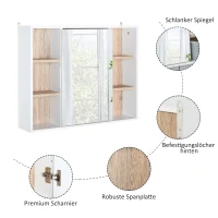 HOMCOM Spiegelschrank Badschrank Hängeschrank Badmöbel Wandschrank Mehrzweckschrank, Spanplatte+MDF, Weiß + Natur 60 x 14,5 x 49,4 cm(m-5)