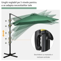 Outsunny Umbrelă de Grădină cu Manivelă, Rotire la 360°, Orificii de Ventilație și Parasolar Reglabil, 2.5x2.5 m, Verde(m-5)