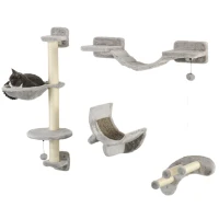 PawHut Conjunto de Prateleiras para Gatos de 4 Peças com Rede Postes de Arranhar Escada e Plataformas Cinzento(m-1)