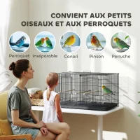 PawHut Cage à oiseaux volière intérieur acier avec séparateur 4 perchoirs plateau coulissant 4 mangeoires 76 x 46 x 46 cm noir(m-8)