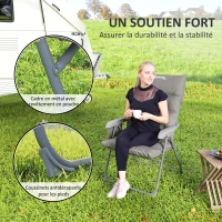 Outsunny Chaise pliante camping avec siège rembourré, dossier haut réglable et poches latérales, gris(m-6)