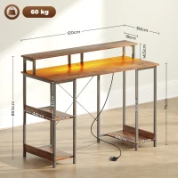 HOMCOM LED Computer Desk, with Power Outlets and Shelves - Rustic Brown(m-3)