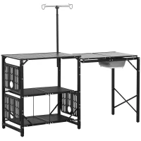 Outsunny Mesa de Campismo de 3 Níveis Dobrável com Prateleiras de Armazenamento Suporte para Candeeiro e Bolsa de Transporte 173x52x80-174 cm Preto(m-11)