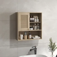HOMCOM Armoire murale, meuble haut salle de bain avec porte coulissante en rotin et étagères ouvertes, bois naturel(m-9)
