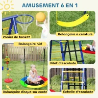 AIYAPLAY Portique balancoire exterieur 6 en 1 avec 3 balançoires, panier de basket, échelle d'escalade et filet, multicolore(m-4)