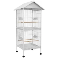 PawHut Gaiola para Pássaros 2 em 1 com 2 Andares Rodas 4 Comedouros 4 Poleiros e Bandejas Amovíveis  78x75x168 cm Branco(m-1)