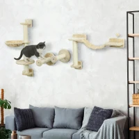 PawHut Prateleiras de Escalada para Gatos de Parede com Rede Plataformas Poste de Sisal e Escada 84,5x19x54 cm  Bege(m-8)
