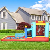 Outsunny 4 in 1 Castel Gonflabil pentru Copii cu Tobogan Piscina Trambulina Perete de Catarat, Casa Gonflabila cu Suflanta Geanta de Depozitare, 4,35 x 2,45 x 2 m(m-11)