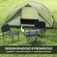 Outsunny Tenda da Campeggio per 3 Persone Impermeabile con Tasche, Gancio per Lanterna e Borsa di Trasporto, Verde(m-4)