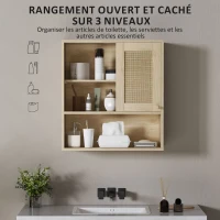 HOMCOM Armoire murale, meuble haut salle de bain avec porte coulissante en rotin et étagères ouvertes, bois naturel(m-5)