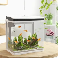 PawHut Acvariu de 28L cu Iluminare LED, Orificii de Ventilație și Pompă Silențioasă, 38x26x38 cm, Alb(m-2)