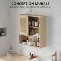 HOMCOM Armoire murale, meuble haut salle de bain avec porte coulissante en rotin et étagères ouvertes, bois naturel(m-6)
