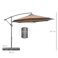 Outsunny Umbrelă Suspendată cu Bază în Cruce, Greutăţi, Manivelă și Protecţie UV, Ø3x2.5 m, Cafeniu(m-3)