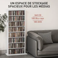 HOMCOM Rangements pour CD et DVD avec 8 compartiments et 6 étagères réglables, capacité max. 360 CD/185 DVD et Blu-ray, blanc(m-4)