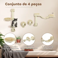 PawHut Prateleiras de Escalada para Gatos de Parede com Rede Plataformas Poste de Sisal e Escada 84,5x19x54 cm  Bege(m-5)