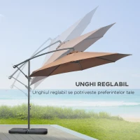 Outsunny Umbrelă Suspendată cu Bază în Cruce, Greutăţi, Manivelă și Protecţie UV, Ø3x2.5 m, Cafeniu(m-5)