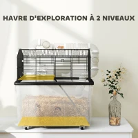 PawHut Cage pour hamster portable cage pour hamster avec rampe, gamelle, bouteille d'eau système de tuyaux 58 x 43 x 57 cm noir(m-4)