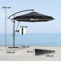 Outsunny Umbrelă de Soare cu Corzi Anti-Vânt, Orificii de Aerisire, Bază în Cruce și Manivelă, Φ290x243 cm, Gri(m-3)
