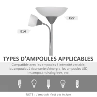 HOMCOM Lampadaire, lampe de salon sur pied avec 2 têtes douille E27 et E14, base en métal dim. Ø28 x 179,5H cm(m-7)
