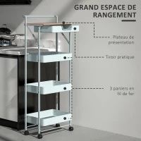 HOMCOM Desserte chariot de rangement à roulettes 4 niveaux avec tiroir, plateau et paniers, vert(m-4)