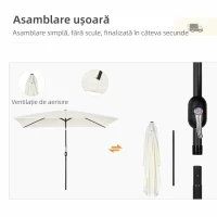 Outsunny Umbrelă dreptunghiulară 2x3 m pliabilă și reglabilă cu manivelă, din aluminiu și poliester, crem alb(m-6)