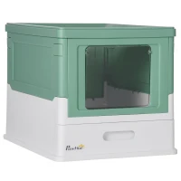 PawHut Caixa de Areia para Gatos Dobrável Caixa de Areia para Gatos Fechada com Bandeja Removível e Pá 47,5x35,5x36,7cm Verde(m-1)