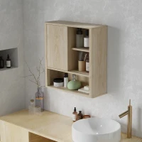 HOMCOM Armoire murale salle de bain avec étagères réglables, porte coulissante et étagères ouvertes, bois naturel(m-9)