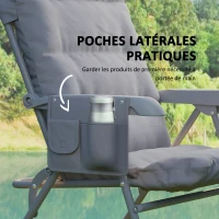 Outsunny Chaise pliante camping avec siège rembourré, dossier haut réglable et poches latérales, gris(m-7)