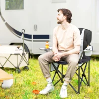 Outsunny Chaise de camping pliante avec accoudoirs réglables, porte-gobelets, poches latérales et sac de refroidissement, noir(m-8)