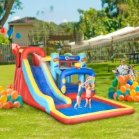 Outsunny 4 in 1 Castel Gonflabil pentru Copii cu Tobogan Piscina Trambulina Perete de Catarat, Casa Gonflabila cu Suflanta Geanta de Depozitare, 4,35 x 2,45 x 2 m(m-10)