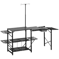 Outsunny Mesa de Campismo de 3 Níveis Dobrável com Prateleiras de Armazenamento Suporte para Candeeiro e Bolsa de Transporte 173x52x80-174 cm Preto(m-10)