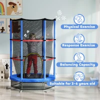 HOMCOM Saltea Elastică pentru Copii 3-6 Ani cu Plasă de Protecție, 6 Stâlpi și 3 Intrări, Ø140x190 cm, Albastru(m-4)
