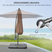 Outsunny Umbrelă Suspendată cu Bază în Cruce, Greutăţi, Manivelă și Protecţie UV, Ø3x2.5 m, Cafeniu(m-4)